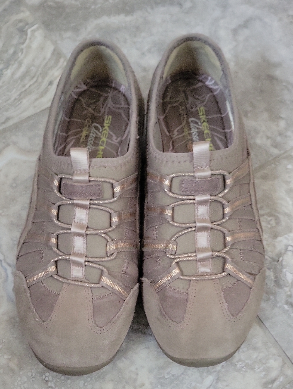 Skechers Taupe Slip-On Casual Sneakers with Metallic Accents